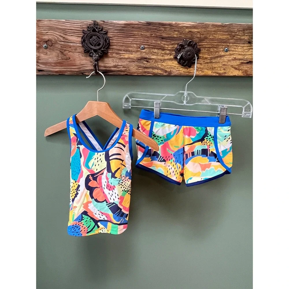 LL Bean Kids Size 4 Tankini Swimsuit Set Abstract Tropical Print UPF‎ 50+ 516898